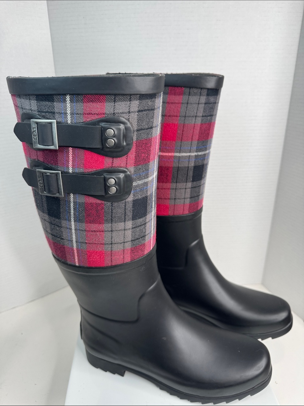 UGG Australia Sabene Tall Rain Boots, Plaid Upper, Women's Size 9-NEW